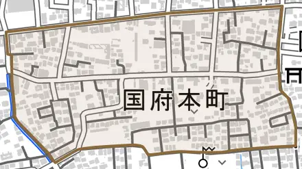 国府本町とその周辺の地図。町の範囲を重ねている