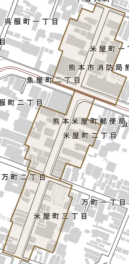 米屋町とその周辺の地図。町の範囲を重ねている