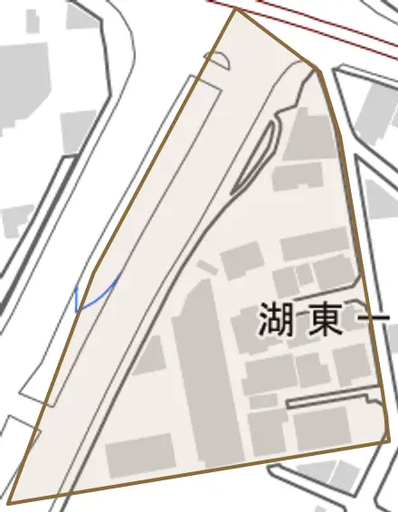 湖東とその周辺の地図。町の範囲を重ねている