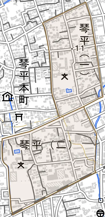 琴平とその周辺の地図。町の範囲を重ねている