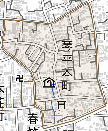 琴平本町とその周辺の地図。町の範囲を重ねている