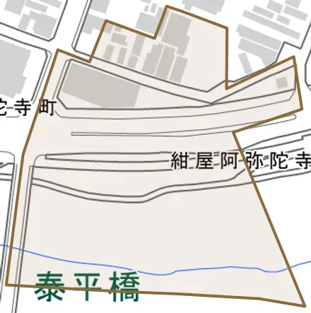 紺屋阿弥陀寺町とその周辺の地図。町の範囲を重ねている