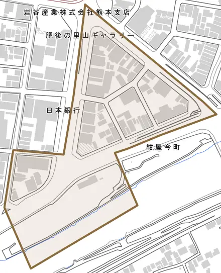 紺屋今町とその周辺の地図。町の範囲を重ねている