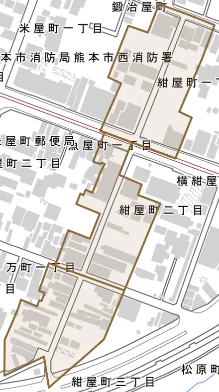 紺屋町とその周辺の地図。町の範囲を重ねている