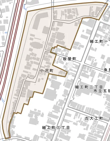 小沢町とその周辺の地図。町の範囲を重ねている