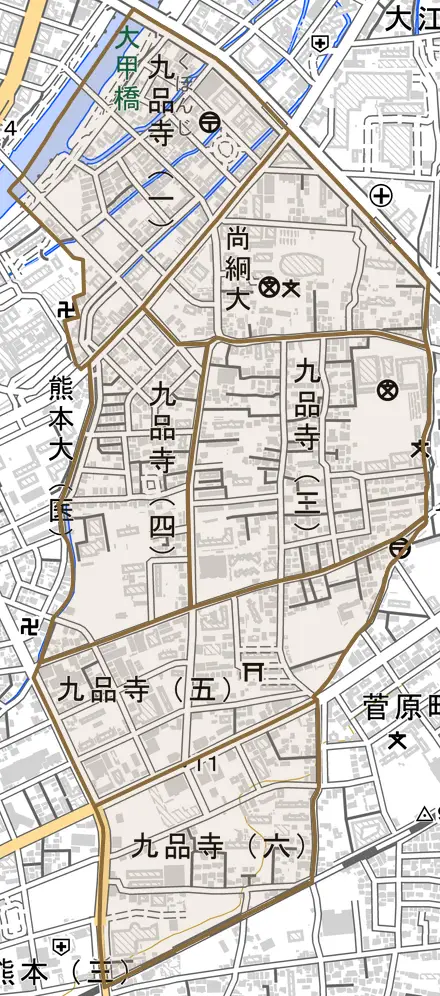 九品寺とその周辺の地図。町の範囲を重ねている