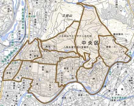 黒髪とその周辺の地図。町の範囲を重ねている