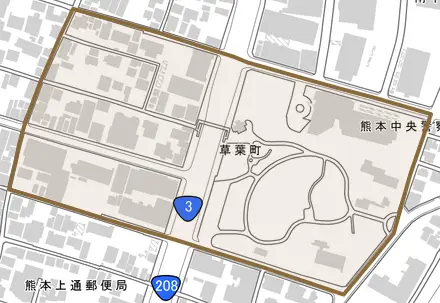 草葉町とその周辺の地図。町の範囲を重ねている