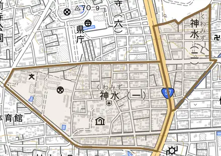 神水とその周辺の地図。町の範囲を重ねている