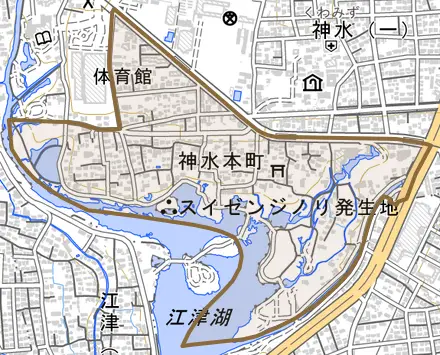 神水本町とその周辺の地図。町の範囲を重ねている
