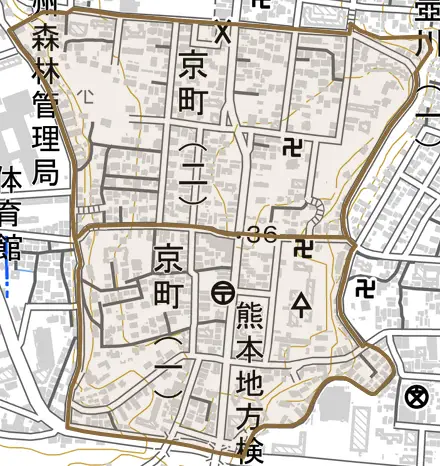 京町とその周辺の地図。町の範囲を重ねている