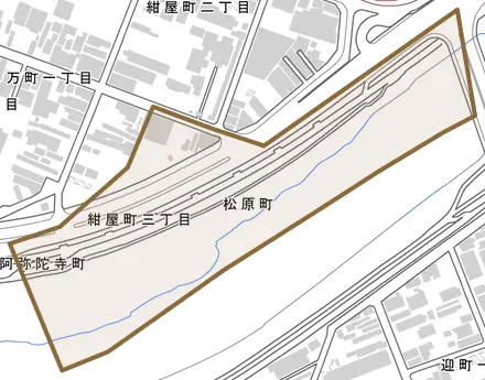 松原町とその周辺の地図。町の範囲を重ねている