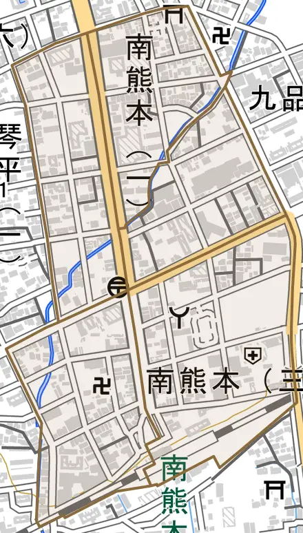 南熊本とその周辺の地図。町の範囲を重ねている