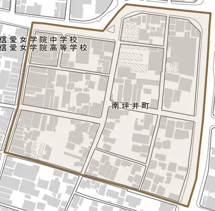 南坪井町とその周辺の地図。町の範囲を重ねている