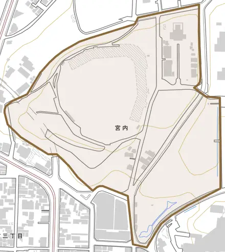 宮内とその周辺の地図。町の範囲を重ねている