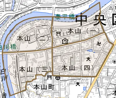 本山とその周辺の地図。町の範囲を重ねている