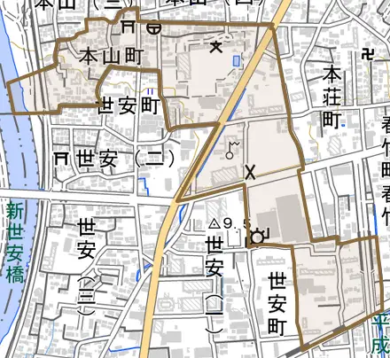 本山町とその周辺の地図。町の範囲を重ねている