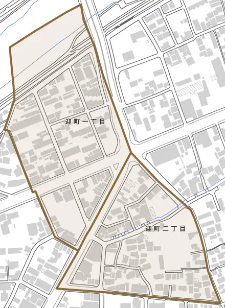 迎町とその周辺の地図。町の範囲を重ねている