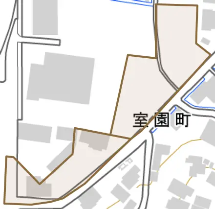 室園町とその周辺の地図。町の範囲を重ねている