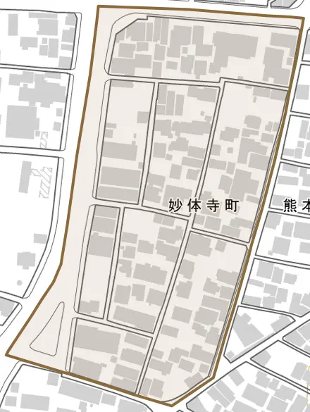 妙体寺町とその周辺の地図。町の範囲を重ねている