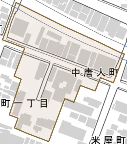 中唐人町とその周辺の地図。町の範囲を重ねている