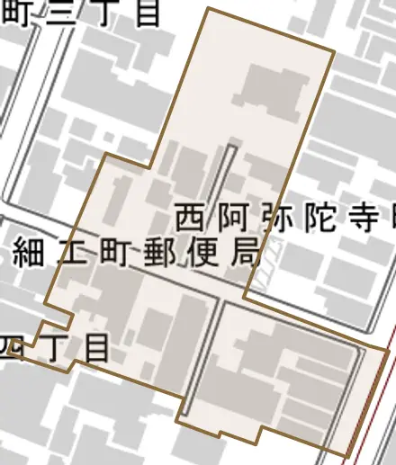 西阿弥陀寺町とその周辺の地図。町の範囲を重ねている