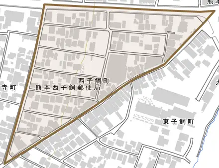 西子飼町とその周辺の地図。町の範囲を重ねている