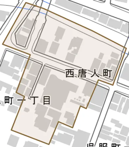 西唐人町とその周辺の地図。町の範囲を重ねている