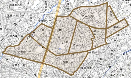 帯山とその周辺の地図。町の範囲を重ねている
