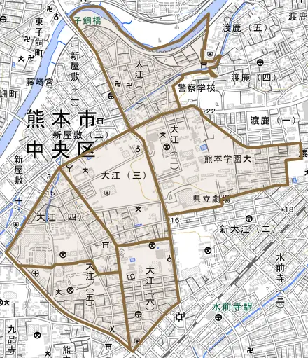 大江とその周辺の地図。町の範囲を重ねている