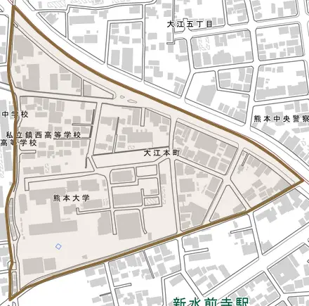 大江本町とその周辺の地図。町の範囲を重ねている