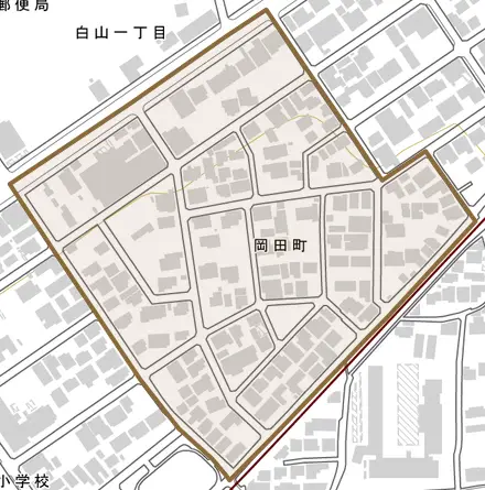 岡田町とその周辺の地図。町の範囲を重ねている