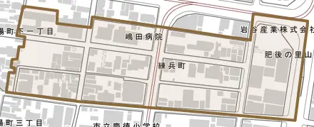練兵町とその周辺の地図。町の範囲を重ねている