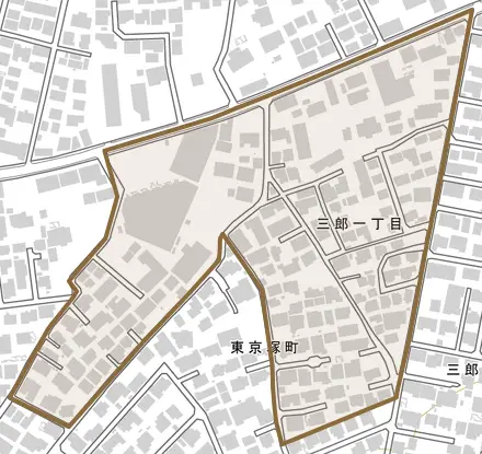 三郎とその周辺の地図。町の範囲を重ねている