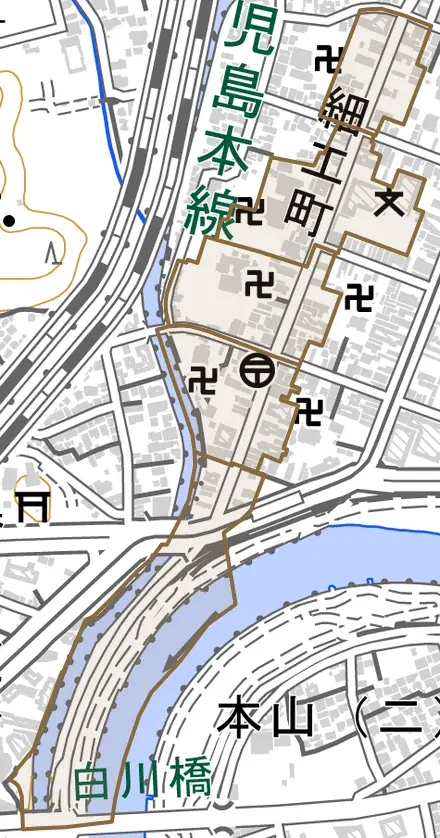 細工町とその周辺の地図。町の範囲を重ねている