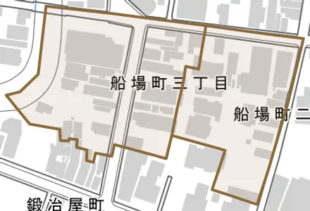 船場町とその周辺の地図。町の範囲を重ねている