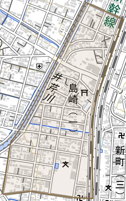 島崎とその周辺の地図。町の範囲を重ねている