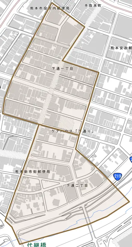 下通とその周辺の地図。町の範囲を重ねている