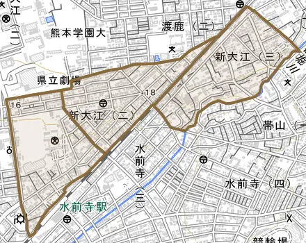 新大江とその周辺の地図。町の範囲を重ねている