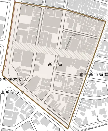 新市街とその周辺の地図。町の範囲を重ねている