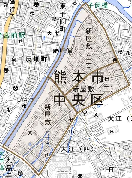 新屋敷とその周辺の地図。町の範囲を重ねている
