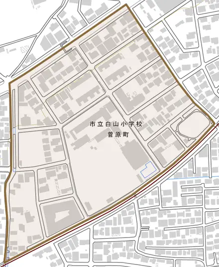 菅原町とその周辺の地図。町の範囲を重ねている