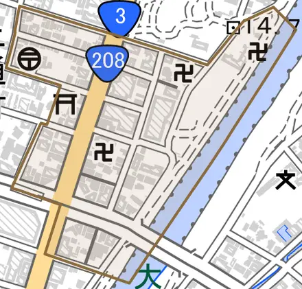 水道町とその周辺の地図。町の範囲を重ねている