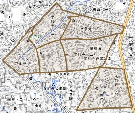 水前寺とその周辺の地図。町の範囲を重ねている