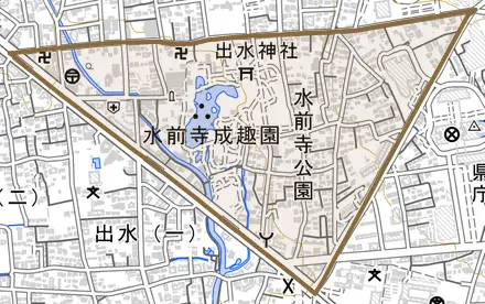 水前寺公園とその周辺の地図。町の範囲を重ねている