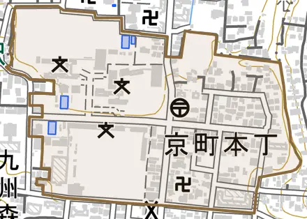 京町本丁とその周辺の地図。町の範囲を重ねている