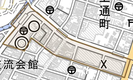 手取本町とその周辺の地図。町の範囲を重ねている