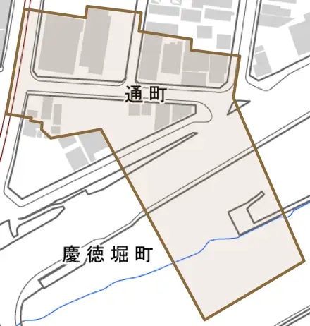 通町とその周辺の地図。町の範囲を重ねている
