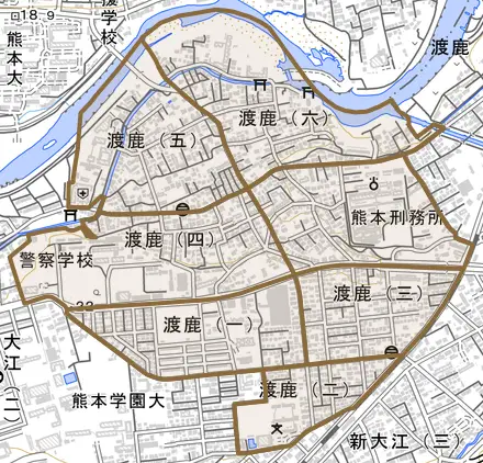 渡鹿とその周辺の地図。町の範囲を重ねている