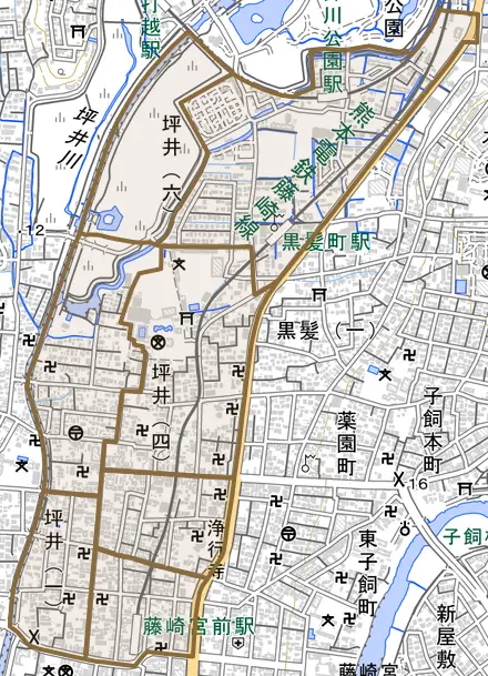 坪井とその周辺の地図。町の範囲を重ねている